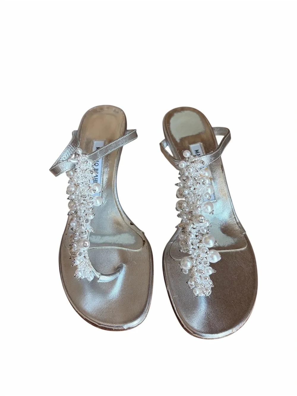 Manolo Blahnik Pearl-Embellished silver Kitten-Heel Sandals Y2K